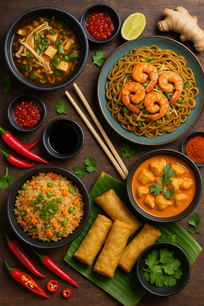 Un assortiment coloré et appétissant de plats asiatiques présenté sur une table en bois sombre : soupe aigre-piquante avec tofu et champignons enoki, nouilles sautées aux crevettes, riz frit aux légumes, rouleaux de printemps croustillants et curry rouge thaïlandais, accompagnés de sauces, de piments rouges, de gingembre, de coriandre fraîche et de baguettes.