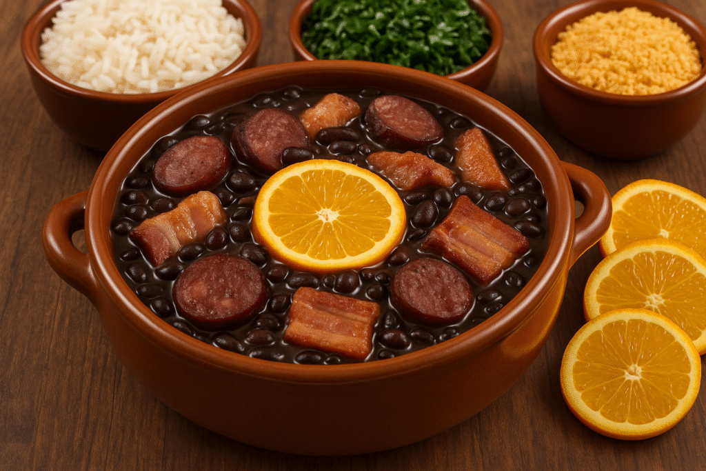 Ce ragoût traditionnel est composé de haricots noirs mijotés avec différentes viandes fumées, telles que du porc, du lard et des saucisses. Le plat est accompagné de riz blanc, de tranches d'orange et de chou sauté, éléments typiques qui équilibrent les saveurs de ce plat brésilien riche et savoureux."