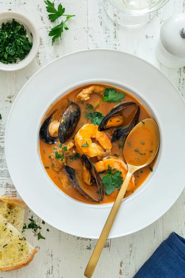 Recette traditionnelle de bouillabaisse, plat emblématique du sud de la France, composé de poissons frais, de légumes et d'épices."
